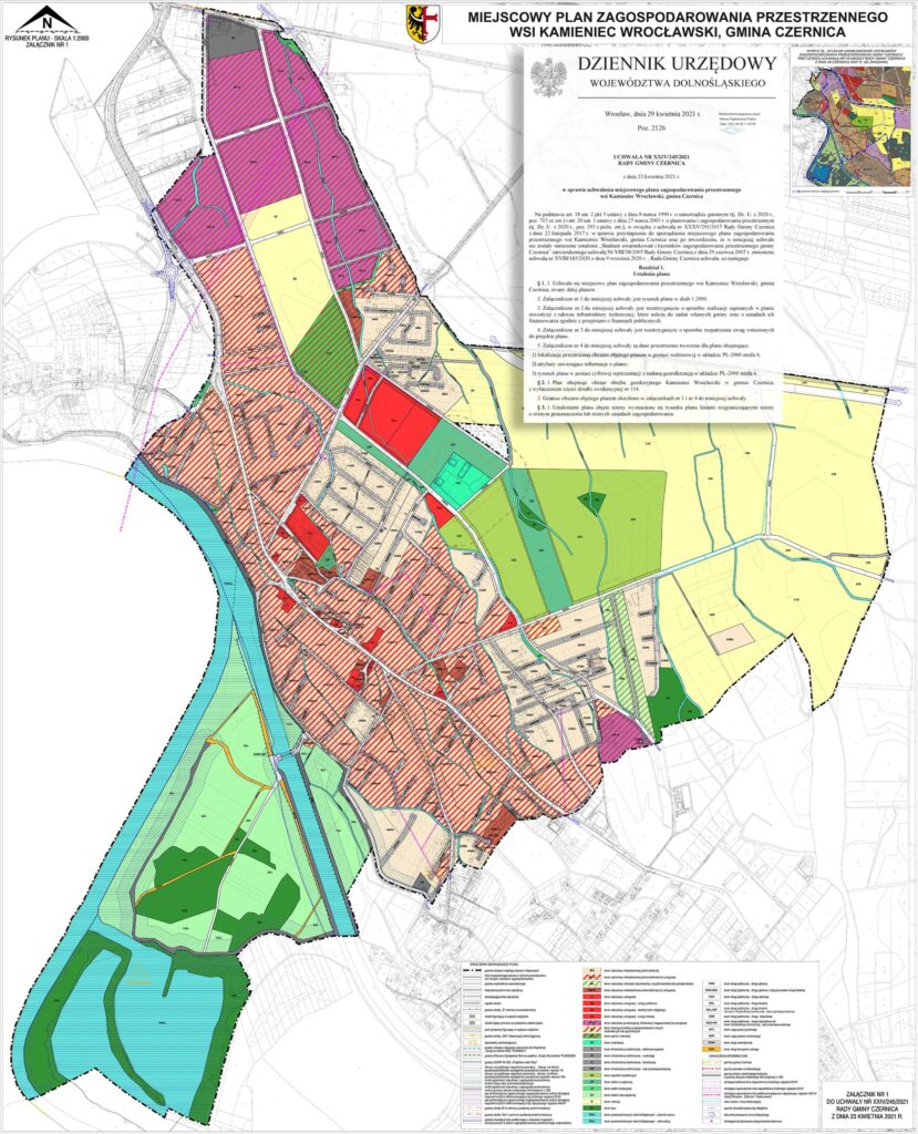 Grafika przedstawia projekt planu miejscowego miejscowości Kamieniec Wrocławski w gminie Czernica