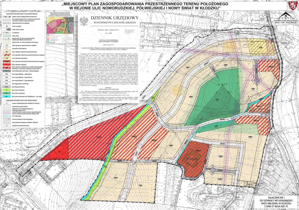 Grafika przedstawia projekt planu miejscowego na nowe osiedle mieszkaniowe w okolicach Szpitalnej Górki w Kłodzku.