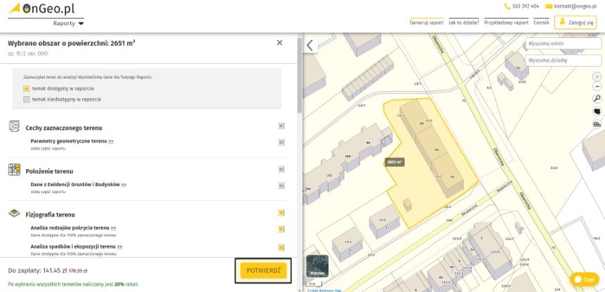 Użycie kodu rabatowego PLANZABUDOWY w raporcie o terenie bez rejestracji konta w OnGeo - krok 2