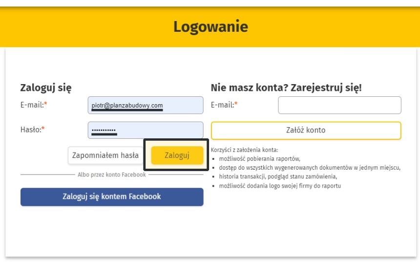 Użycie kodu rabatowego PLANZABUDOWY w raporcie o terenie  z poziomu konta w OnGeo - krok 2