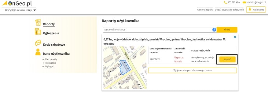 Użycie kodu rabatowego PLANZABUDOWY w raporcie o terenie  z poziomu konta w OnGeo - krok 6