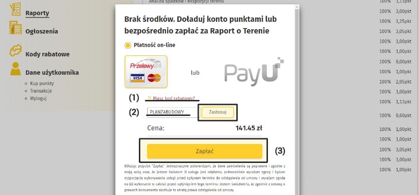 Użycie kodu rabatowego PLANZABUDOWY w raporcie o terenie z poziomu konta w OnGeo - krok 8